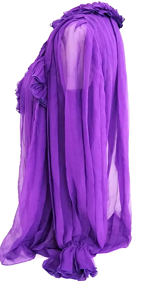 Gucci Italy. Violet Semi Sheer Silk Ruffles Accents Blouse