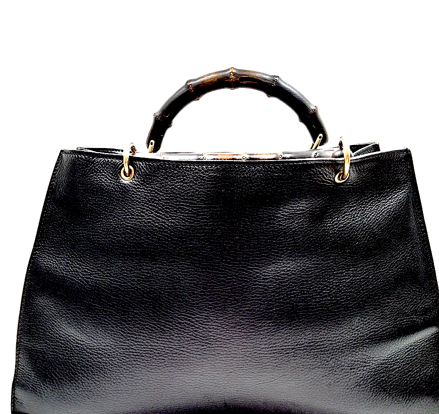 Gucci Italy. Black Leather Bamboo Handle Shoulder Bag / Tote Bag