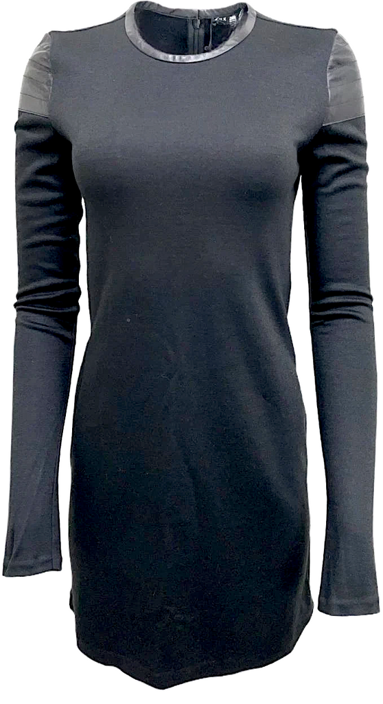 BLK DNM Stockholm/NYC. NEW W/TAG.  Black Virgin Wool Blend Long Sleeve Leather Trim Dress