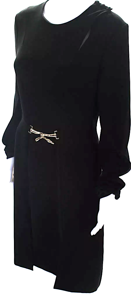 Lanvin Paris. Silver Swan Hook Detail Long Sleeve Crew Neck Black Sheath Dress