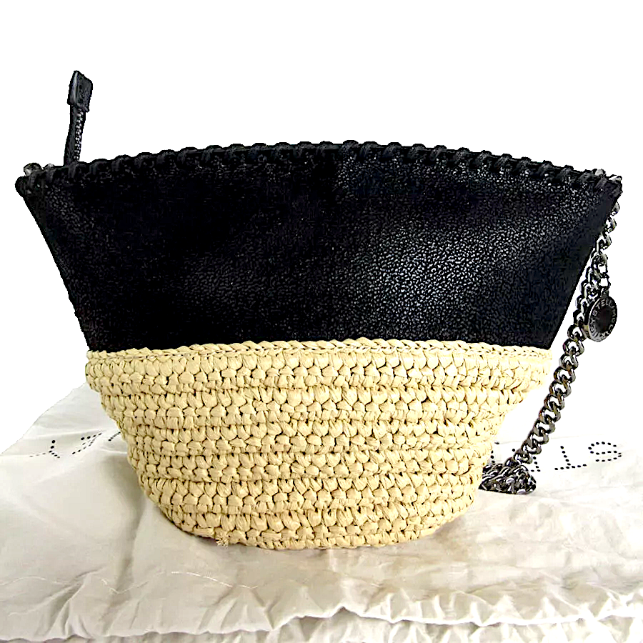 Stella McCartney UK. Beige Raffia/Black Vegan Leather Mini Silver Hardward Long Chain Shoulder Bag