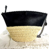 Stella McCartney UK. Beige Raffia/Black Vegan Leather Mini Silver Hardward Long Chain Shoulder Bag