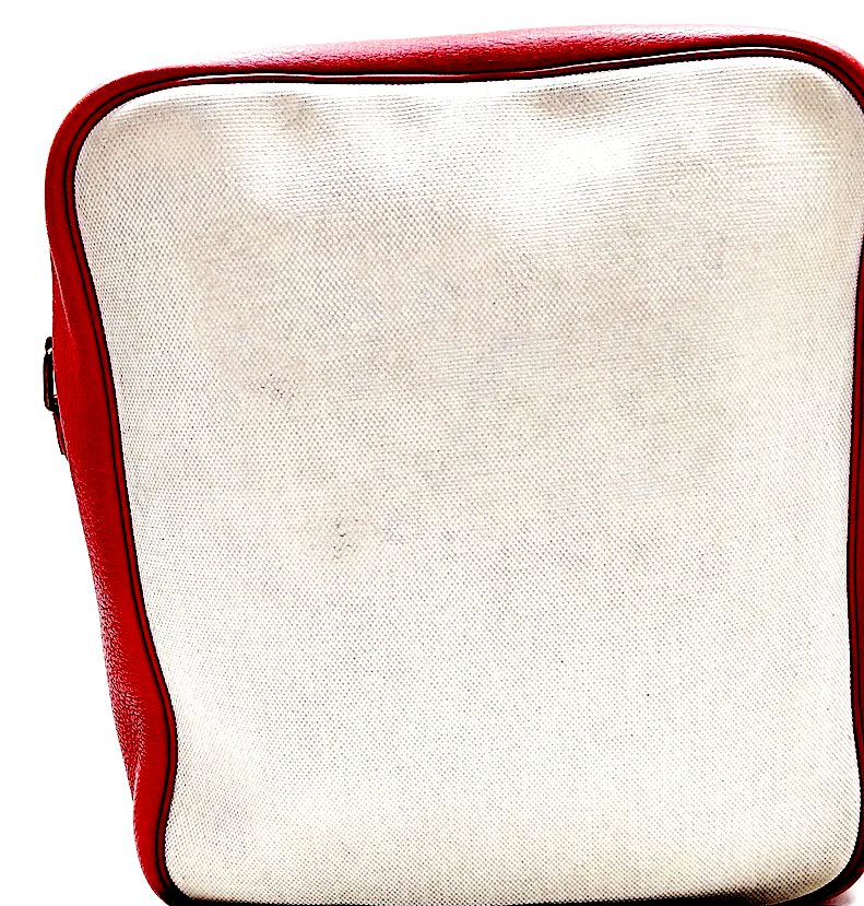 Hermes Paris. NWOT. Beige Canvas w/ Red Leather Trim & Sides Shoulder Bag