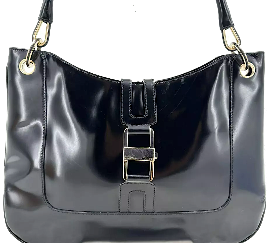 GUCCI Italy. Leather One Shoulder Bag Black Gold hardware