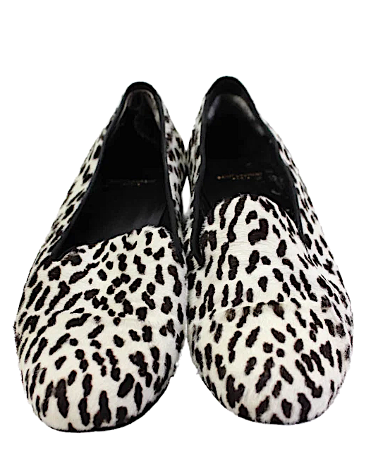 Saint Laurent Paris. White Leopard Print Ponyhair Slip On Flats Size 8.5