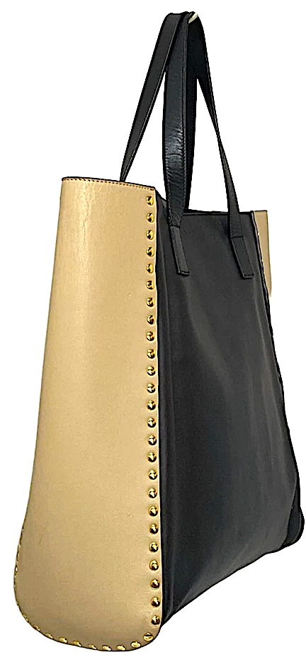 MARNI ITALY. Black Beige Leather w Gold Studded Accents Tote Bag / Shoulder Bag