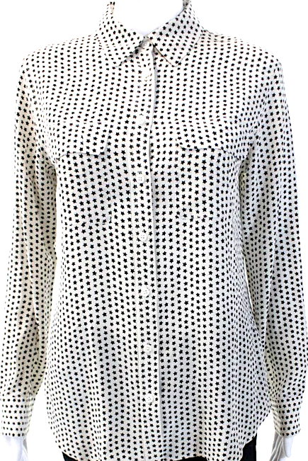 Equipment Femme Paris. White Silk with Tiny Black Stars Long Sleeved Collared Blouse