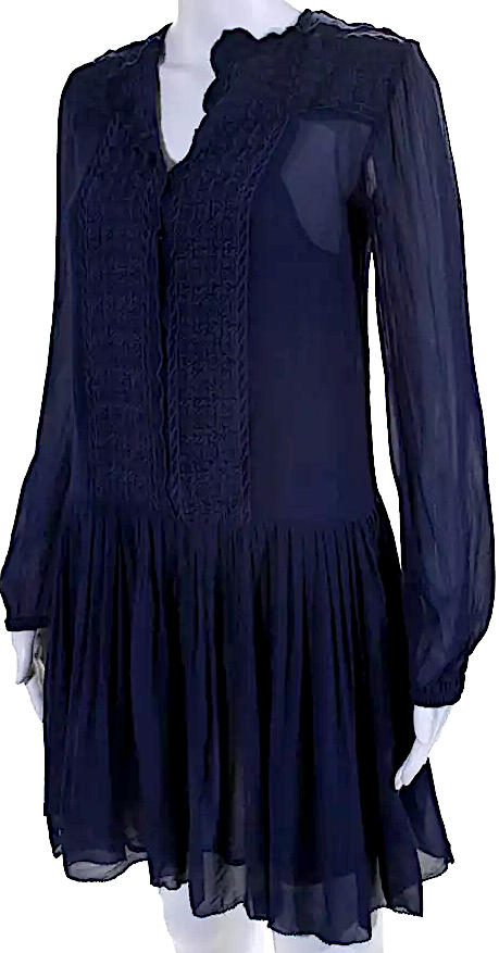 Isabel Marant Etoile Paris. Dark Navy Viscose Semi-Sheer Long Sleeve Pleated Embroidered Shift Dress