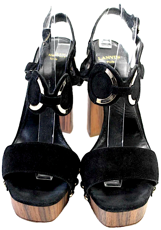 Lanvin Paris. Black Suede Platform Ankle Buckle Open Toe Sandals Size 39