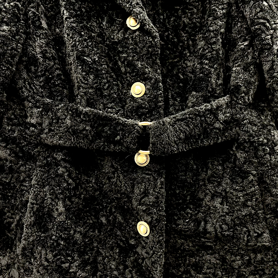 Vintage Faux Fur Coat Women's Medium Black Cinched Trench Academia Classic Chic