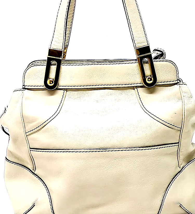 Chloe Paris. Beige Leather, Outside Pocket Shoulder Bag, Long Strap Crossbody Bag