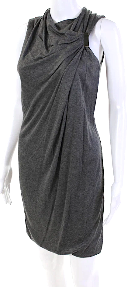 Gucci Italy. Gray PolyTech Blend  High Neck Sleeveless Zip Up Mid-Calf Asymmetrical Dress