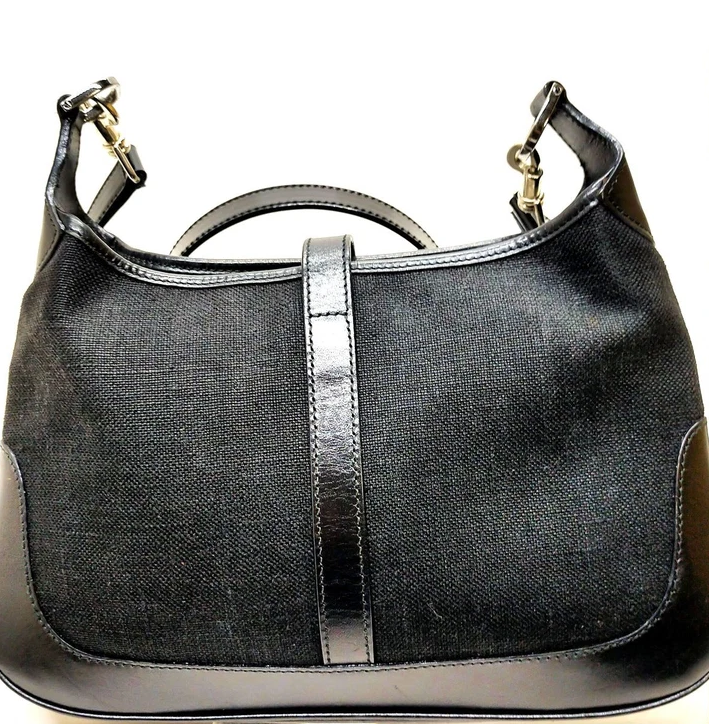 Gucci Italy. Black Leather/Canvas "Jackie" Long Strap Shoulder Bag