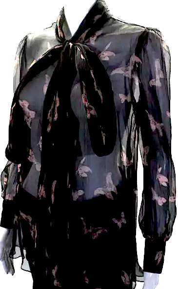 Alexander McQueen UK. Black Butterfly Print Tie Front Sheer Blouse