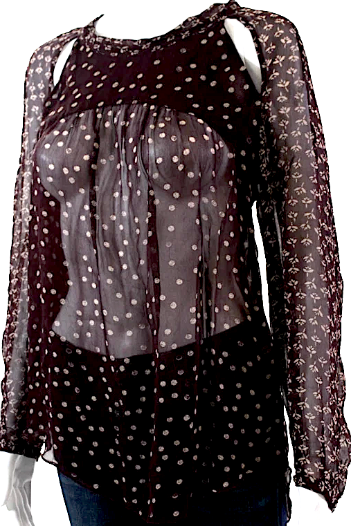 Isabel Marant Etoile Paris. Dark Burnt Umber Color Printed Crew Neck Semi-Sheer Blouse