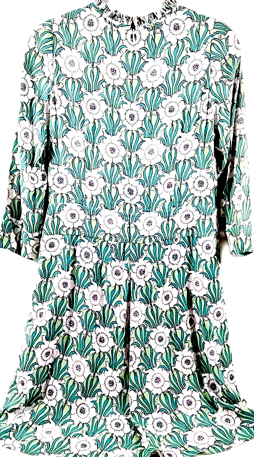Prada Italy. Green Variations Rayon, Polyurethane Print Dress