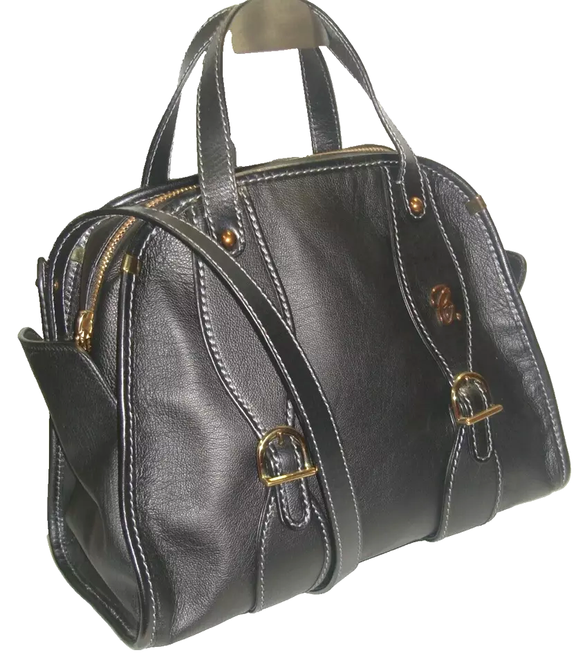 Chloe Paris. Black/Dark Gray Leather Contrast Stitching Side Pockets Shoulder Bag / Crossbody Bag