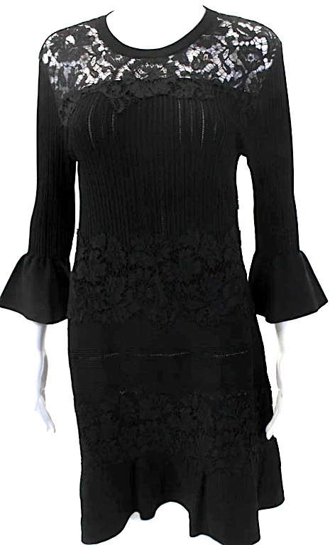 Valentino Garavani Italy Black  Floral Lace Ribbed Crew Neck Bell Sleeve Dress