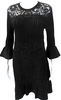 Valentino Garavani Italy Black  Floral Lace Ribbed Crew Neck Bell Sleeve Dress