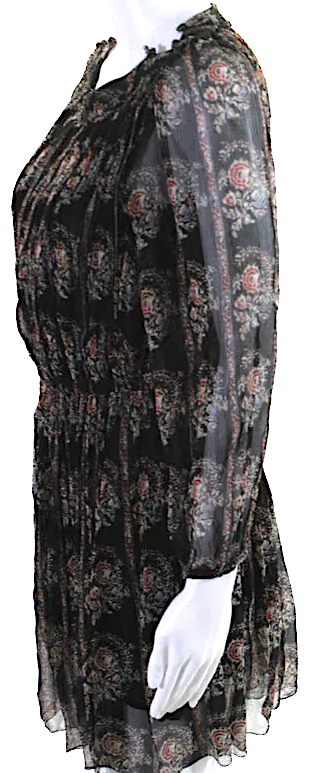 Isabel Marant Etoile Paris. Black Silk Floral Long Mesh Sleeved Dress