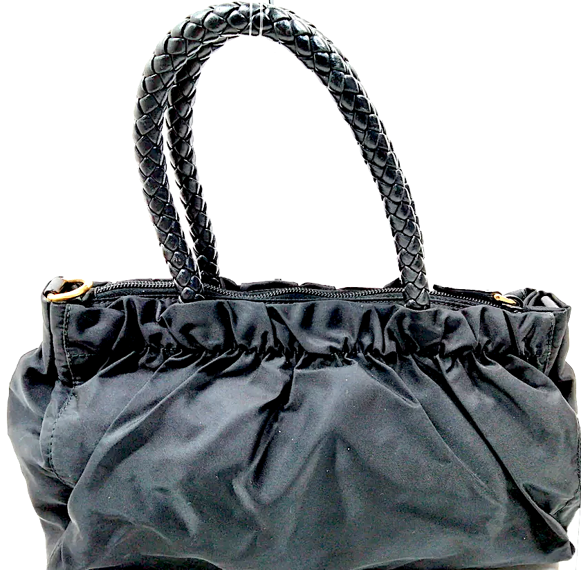 Prada Italy. Black Leather Braided Handle Black Tessuto Nylon Shoulder Bag / Hand Bag / Crossbody w/Long Strap