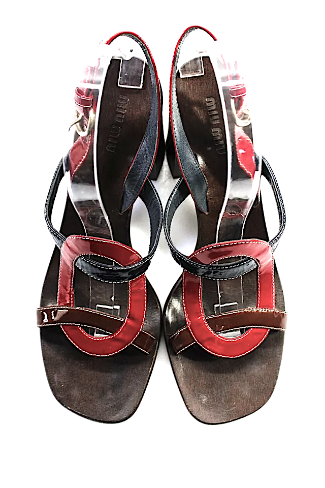 Miu Miu Italy. Red Multicolor Leather Block Heels Sandals Shoes Size 9