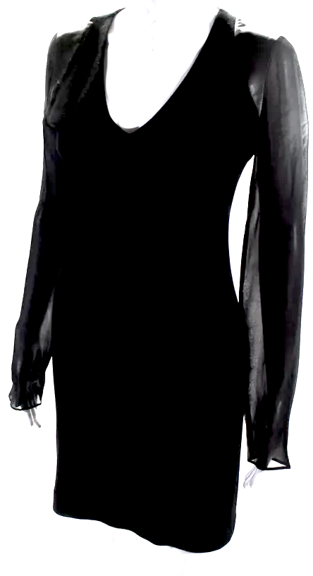 Joseph Italy. Black Wool Blend V Neck Sheer Long Sleeve Leather Accent Pencil Dress