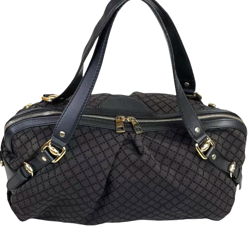 GUCCI Italy. Black Leather/Canvas Jacquard Diamonte Vintage Authentic Shoulder Bag