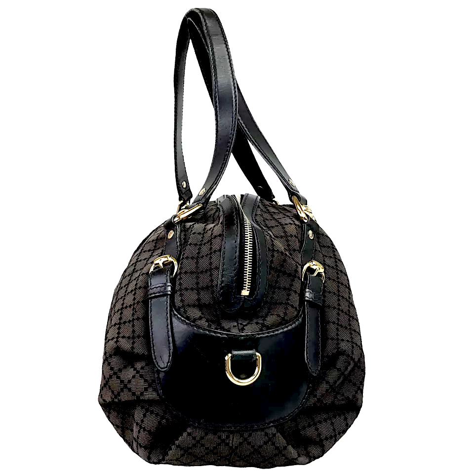 GUCCI Italy. Black Leather/Canvas Jacquard Diamonte Vintage Authentic Shoulder Bag