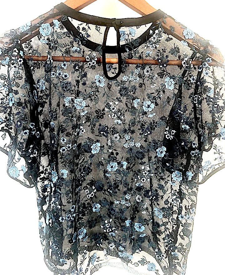 UNITED TOKYO JAPAN. Black Blue Semi-Sheer Embroidered Floral Short Sleeve Blouse