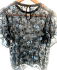 UNITED TOKYO JAPAN. Black Blue Semi-Sheer Embroidered Floral Short Sleeve Blouse