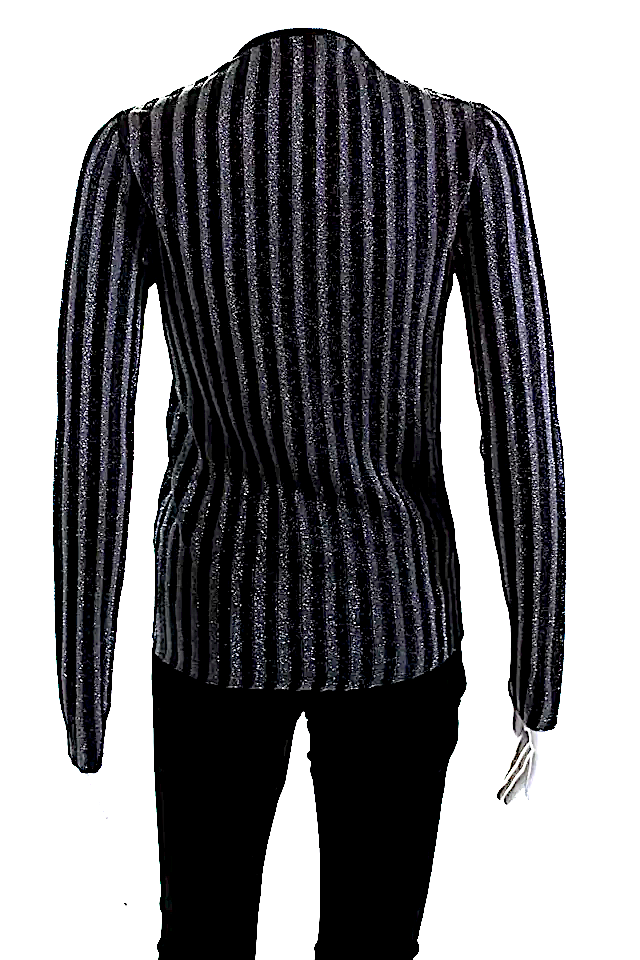 Stella McCartney UK. Silver Tie Neck Metallic Knit Stripe Sweater Blouse