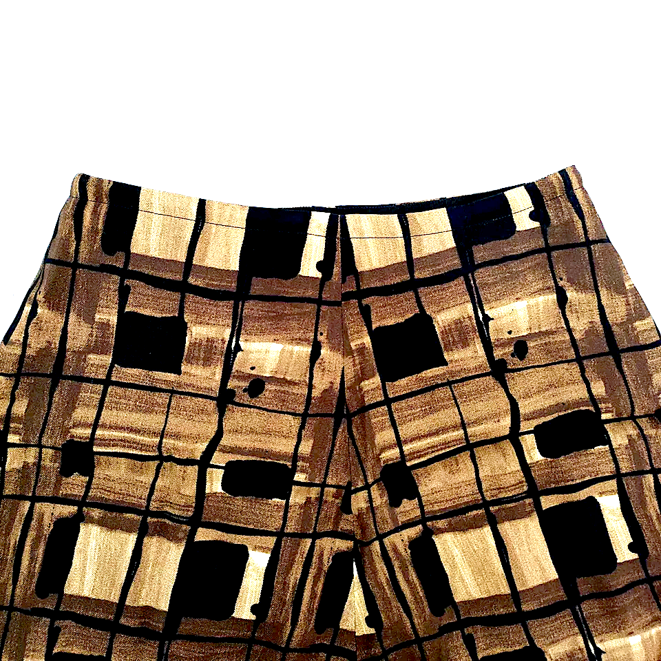 Prada Italy. Vintage Light Brown Abstract Print Rayon Rare Wide Flare Skirt