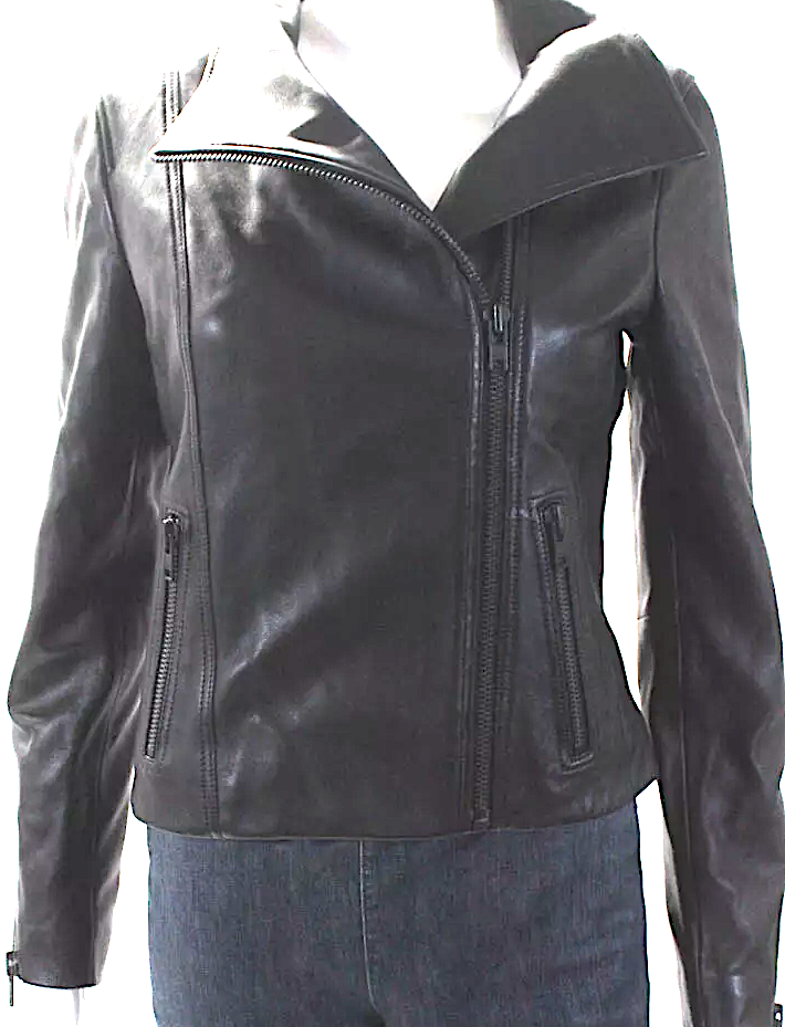 DSTLD Black Lambskin Leather High Neck Long Sleeve Zip Up Jacket