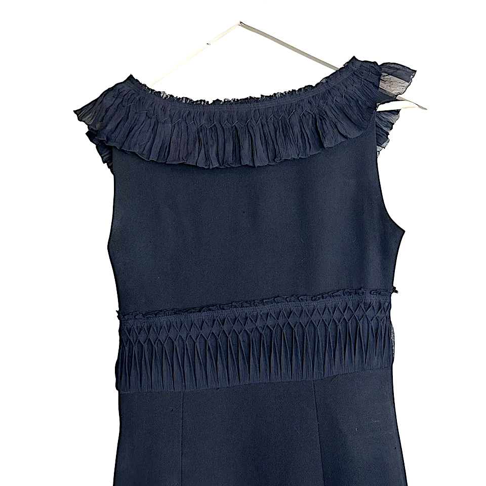 Prada Italy. Black Ruffle Trim Sleeveless Midi Dress