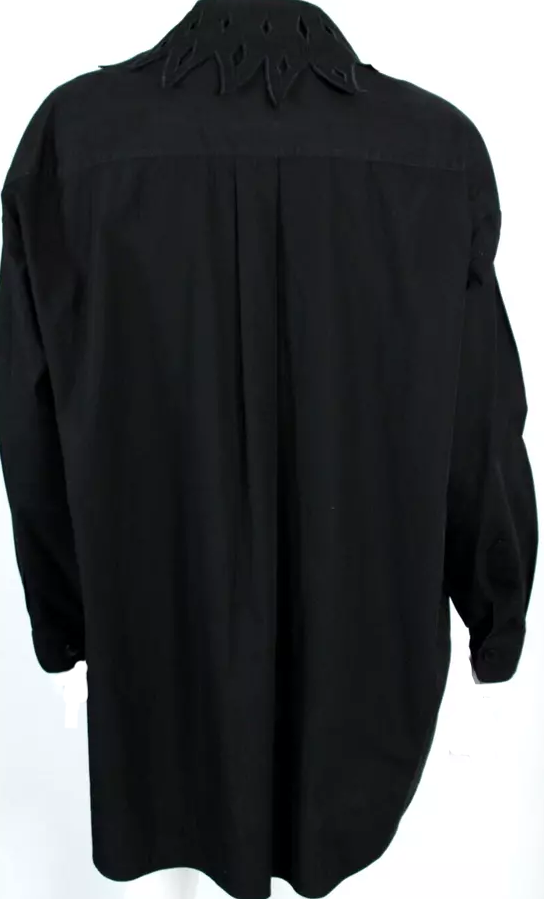 ROMEO GIGLI Italy. Vintage Black Cotton Cut-Out Collar Crystal Button-Front Oversized Blouse