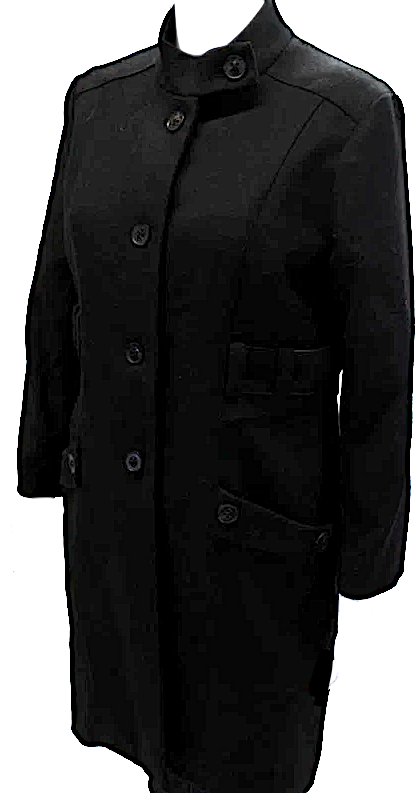 Mayle New York. Black Wool Buttoned Long Sleeve Mid Length Trench Coat