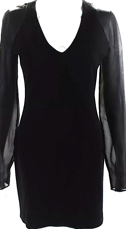 Joseph Italy. Black Wool Blend V Neck Sheer Long Sleeve Leather Accent Pencil Dress