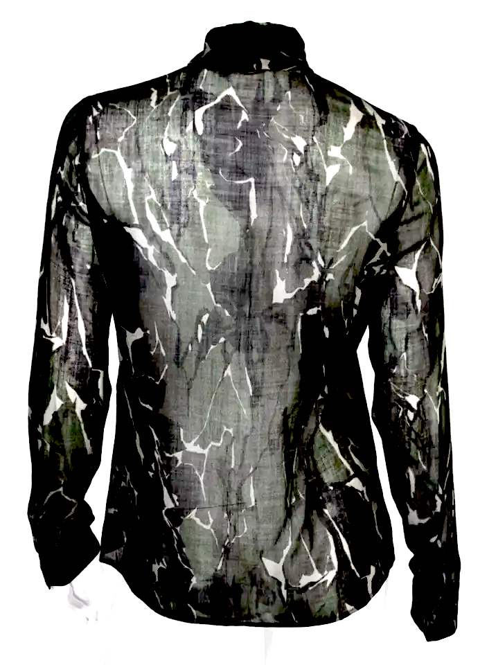 SAINT LAURENT PARIS. 2019 Collection Green & Black Camouflage Print Wool Sheer Pussy Bow Blouse