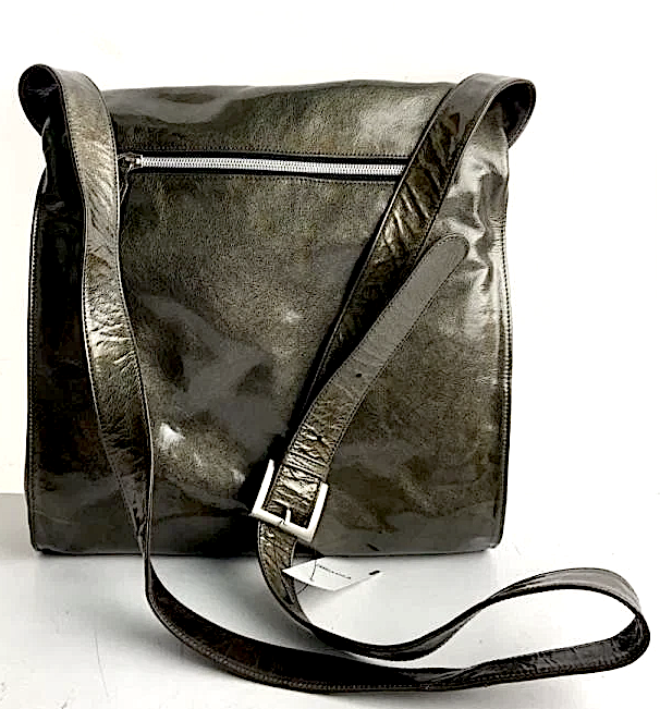 Michiamo Japan. NEW. NWOT. Dark Grey "Wet Look" Leather Shoulder Bag w/ Long Strap Or Foldover Clutch