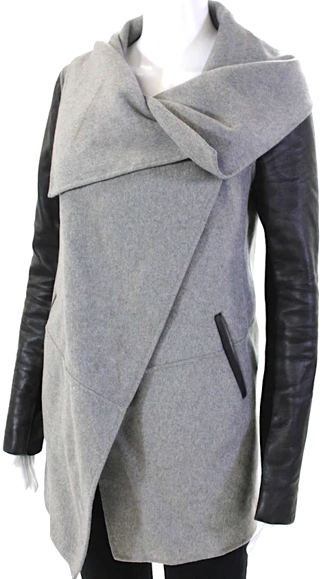 Mackage Gray Wool Black Leather Trim Sleeves,  Collared Jacket