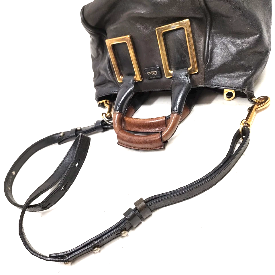 Chloe Paris. Phoebe Philo Designer. Black Leather, Brown Leather Handles MINI Shoulder Bag / Crossbody Bag