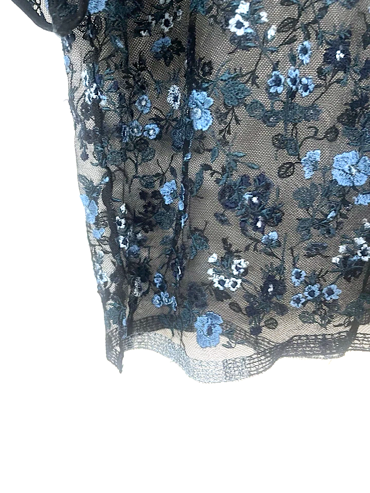 UNITED TOKYO JAPAN. Black Blue Semi-Sheer Embroidered Floral Short Sleeve Blouse