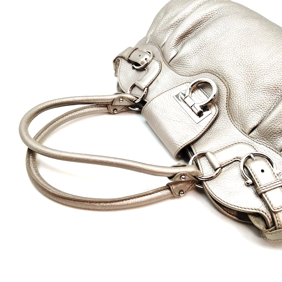 Ferragamo Italy. Gray Metallic Pebbled Leather Shoulder Bag / Hand Bag