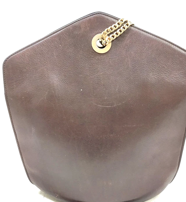 CELINE PARIS. Brown Leather Long Strap/Chain Shoulder Bag