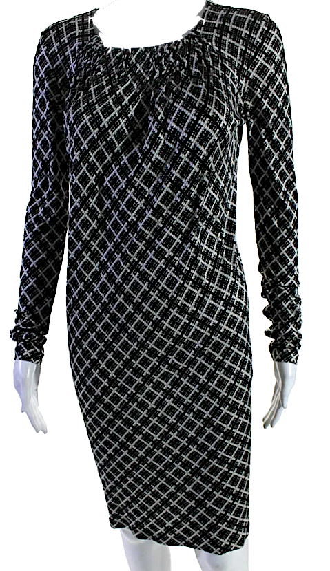 Balenciaga Paris Black Pleated Long Sleeve Plaid Shift Dress