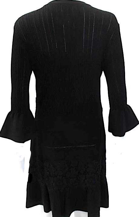 Valentino Garavani Italy Black  Floral Lace Ribbed Crew Neck Bell Sleeve Dress