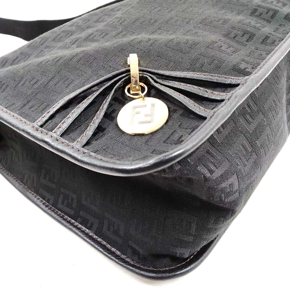 Fendi Italy. Black Canvas/Leather Crossbody Bag / Shoulder Bag
