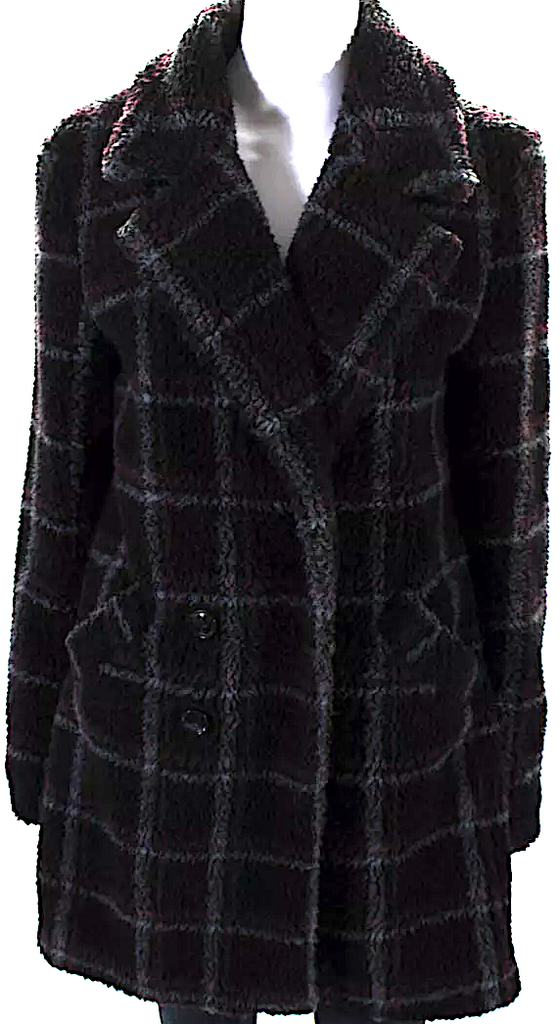 PAIGE NY. Black Woven Faux Fur Plaid Collared Double Breasted Trench Coat