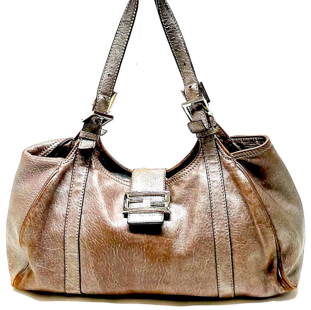 Fendi Italy. Brown Lambskin Leather Logo Clasp Shoulder Bag